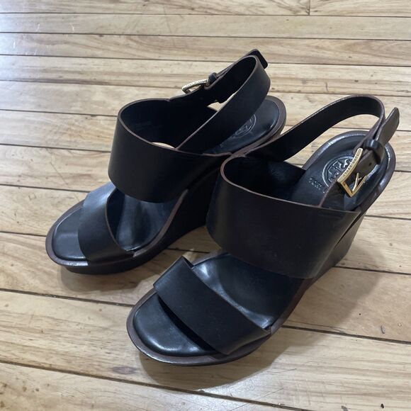 Tory Burch Genuine Leather Platform Wedge Heels Women 6 Black Boho Gold Buckle - Picture 4 of 16